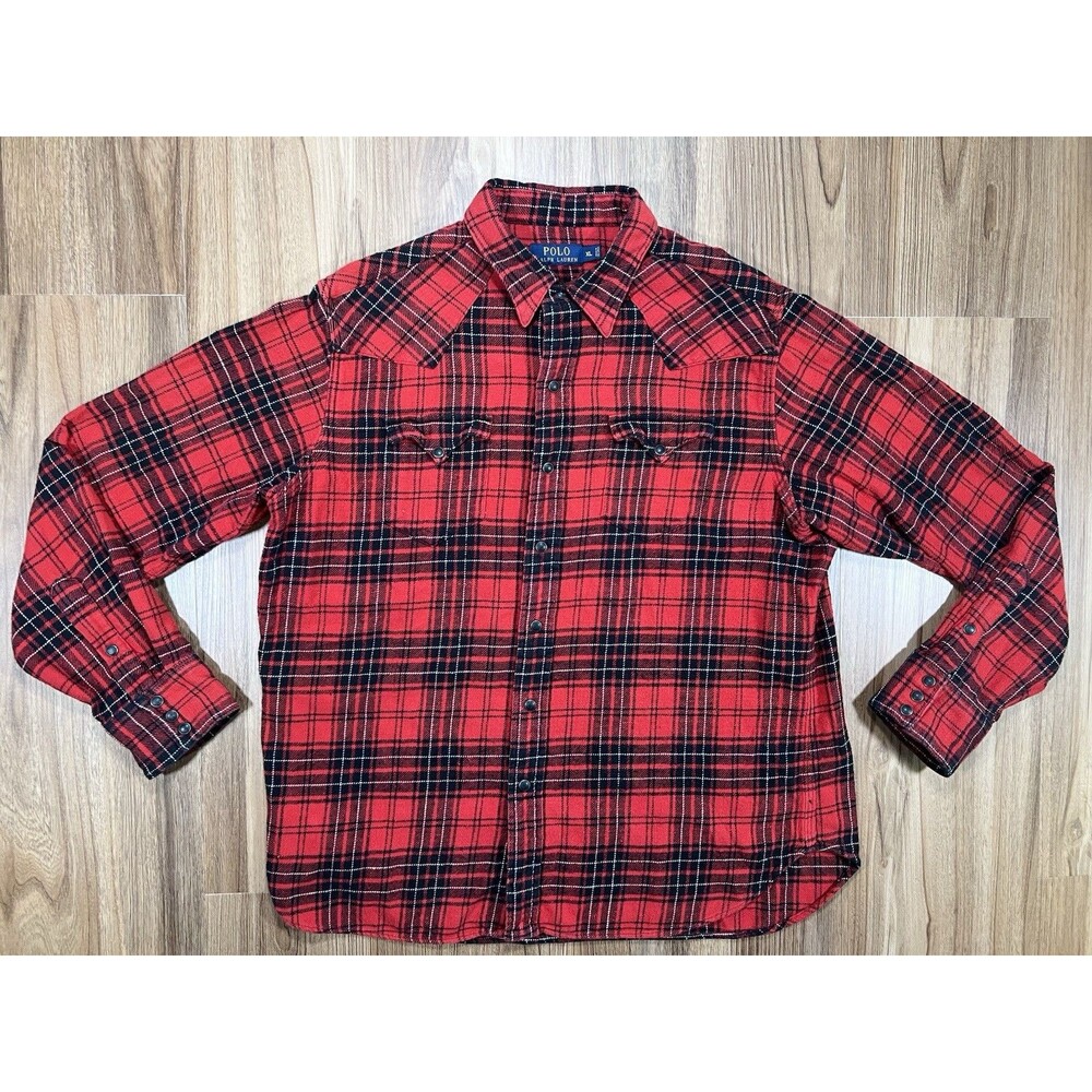 Vtg Polo Ralph Lauren Western Pearl Snap Red Plaid Check Flannel Shirt Sz XL